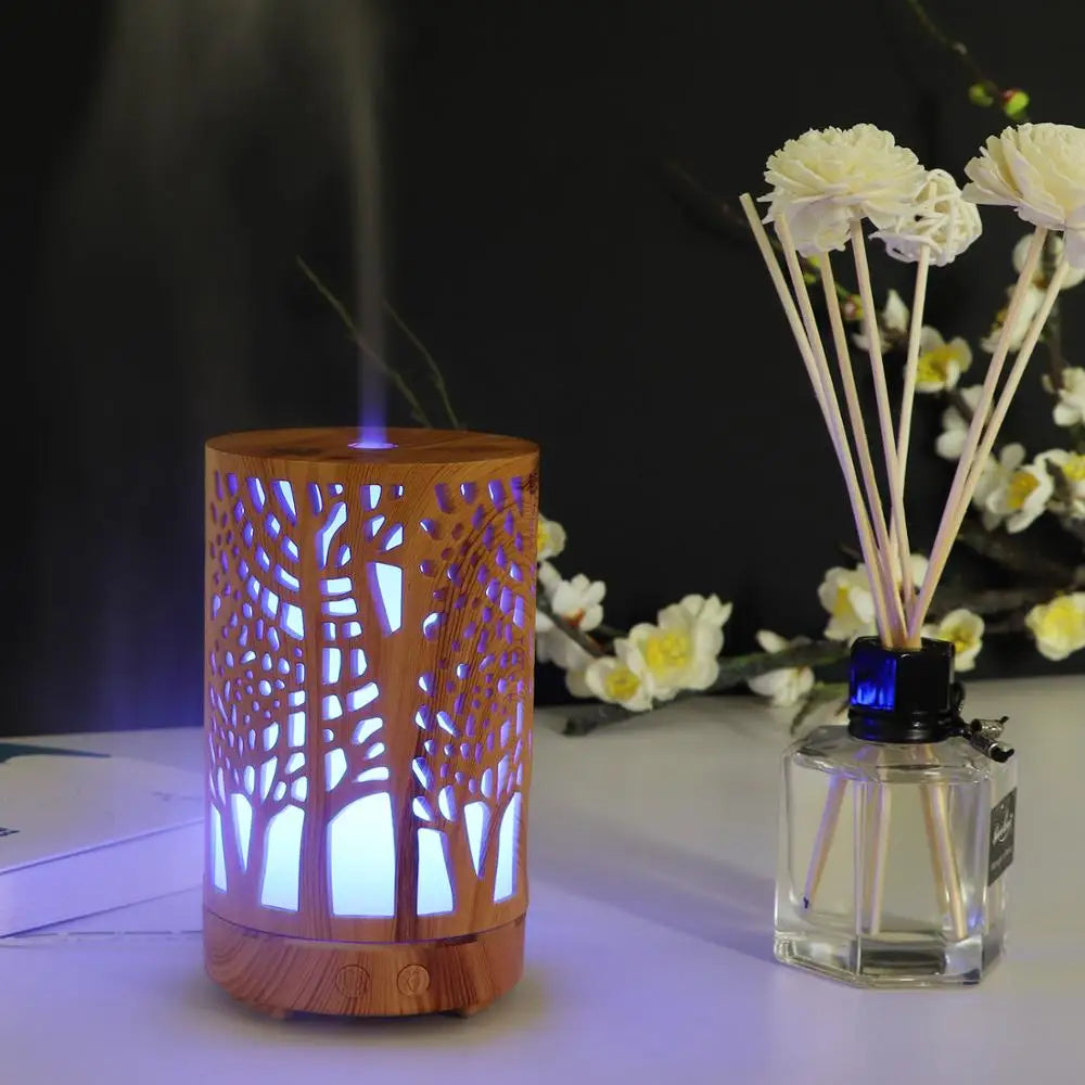 200ml Ultrasonic Air Humidifier Forest Aroma Essential Oil Diffuser Hallow Wood Grain 7 Color LED Aromatherapy Humidificador