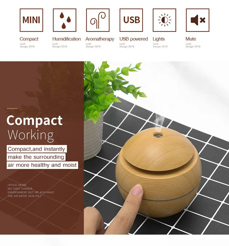 Mini Air Humidifier USB Ultrasonic Aroma Diffuser Wood Grain 7 LED Light  Electric Essential Oil Diffuser For Home Aromatherapy