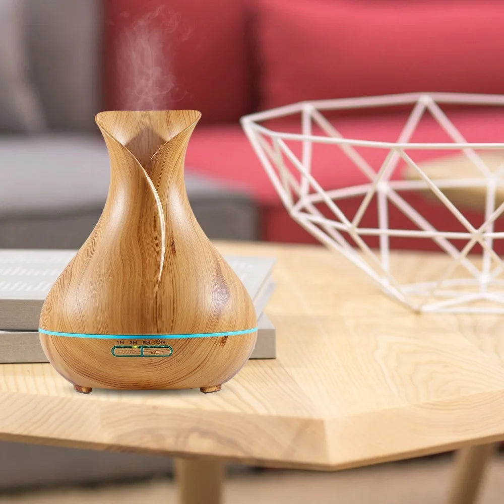 Electric Aroma Diffuser Ultrasonic Humidifier Vase Style 14W 500ML Wood Grain Cool-Mist Aromatherapy Lamp Essential Oil Diffuser