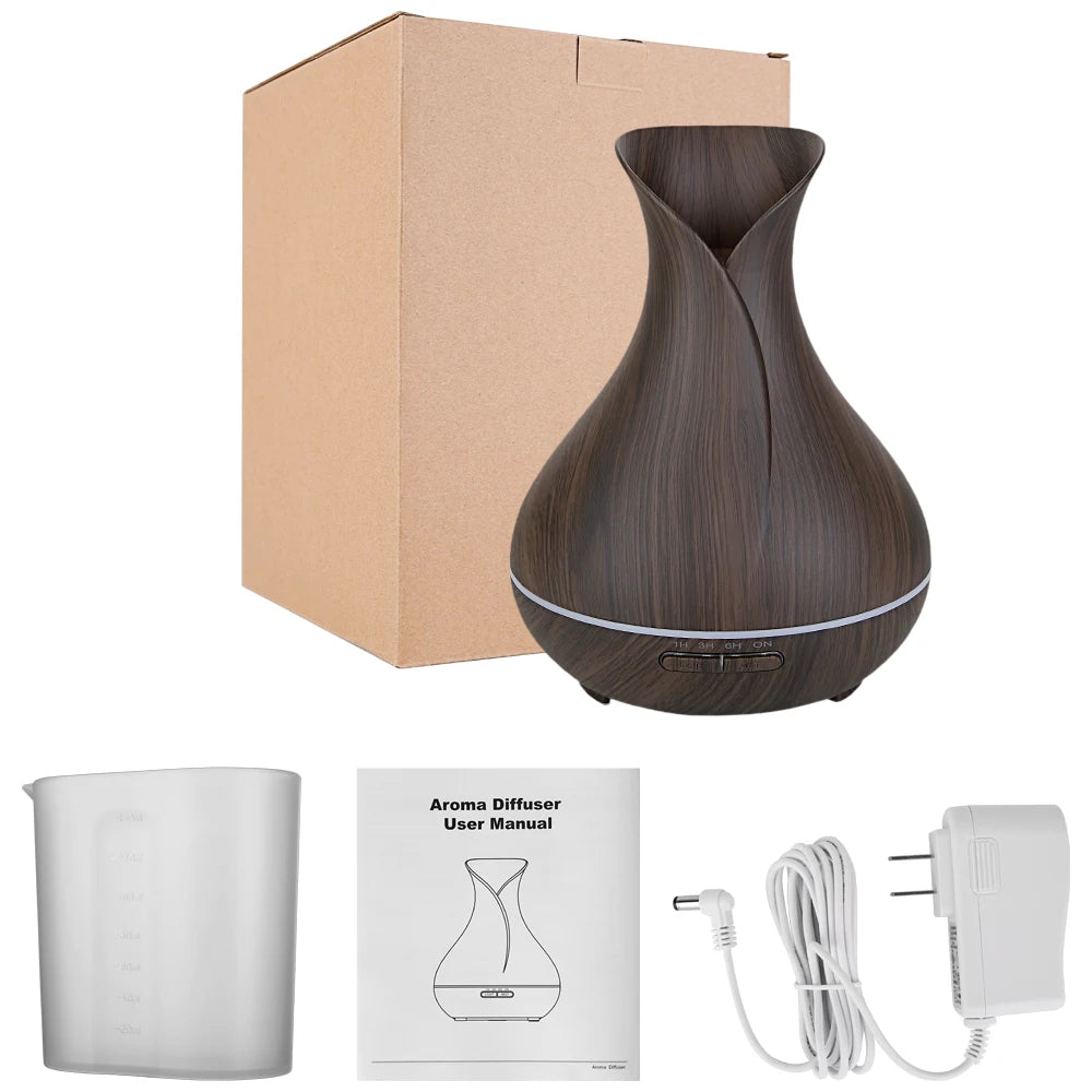 Electric Aroma Diffuser Ultrasonic Humidifier Vase Style 14W 500ML Wood Grain Cool-Mist Aromatherapy Lamp Essential Oil Diffuser