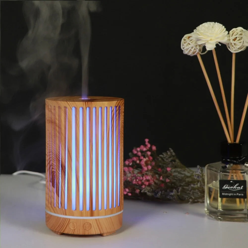 200ml Ultrasonic Air Humidifier Forest Aroma Essential Oil Diffuser Hallow Wood Grain 7 Color LED Aromatherapy Humidificador