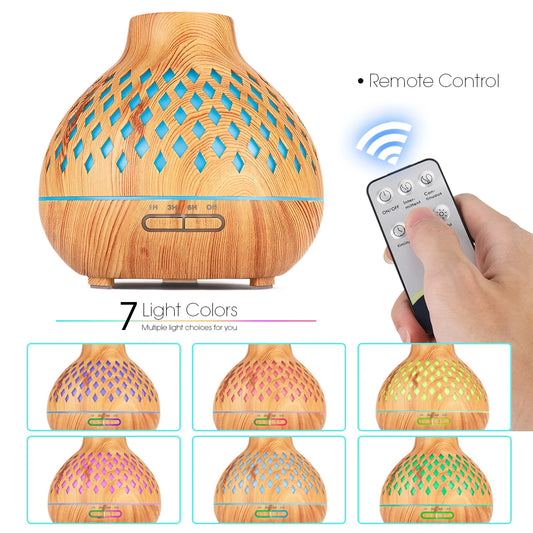 500ML Aromatherapy Essential Oil Diffuser Wood Grain Remote Control Ultrasonic Air Humidifier Cool with 7 Color Lights For Home
